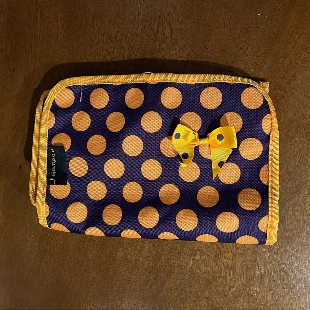 J Garden Purple Gold Polka Dot Makeup Case Accessories Toiletries Travel Bag